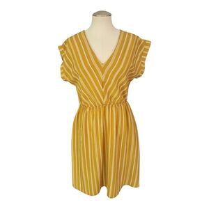 Monteau Mustard & White Striped Mini Dress | Flutter Sleeve V-Neck Size M